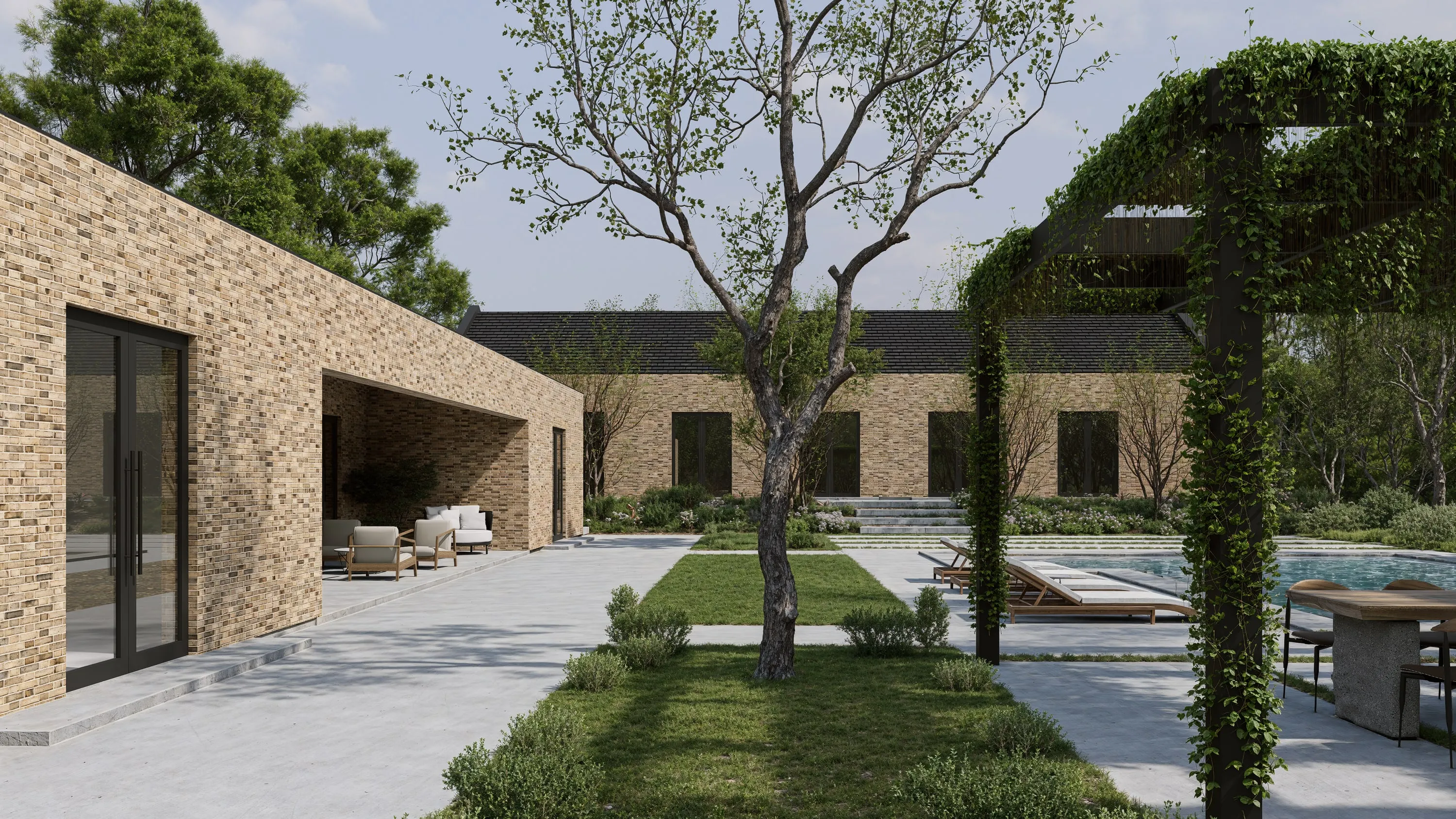 Design rendering of the courtyard between the two wings.