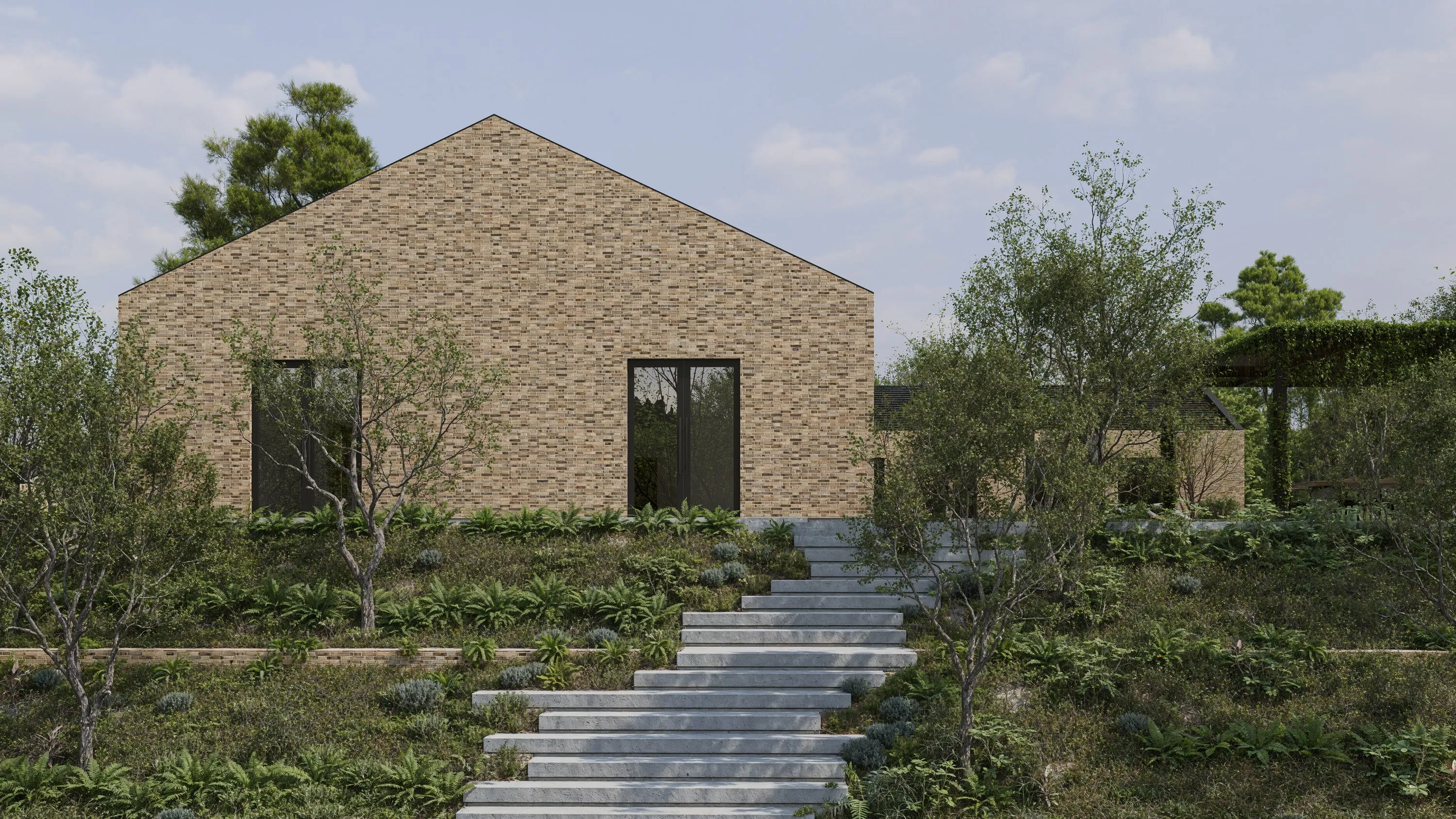 Design rendering of a brick gable end and stone steps.