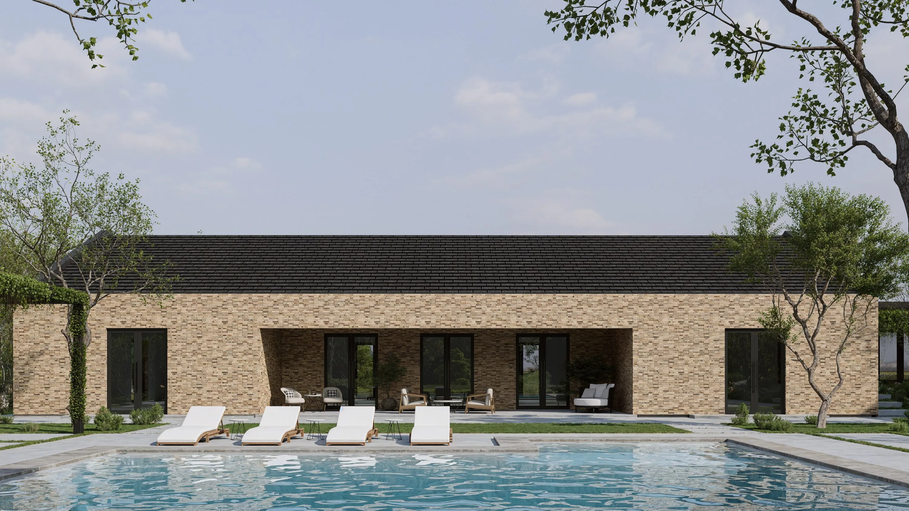 Design rendering of a long, low buff-brick house with a dark roof, seen across a pool.