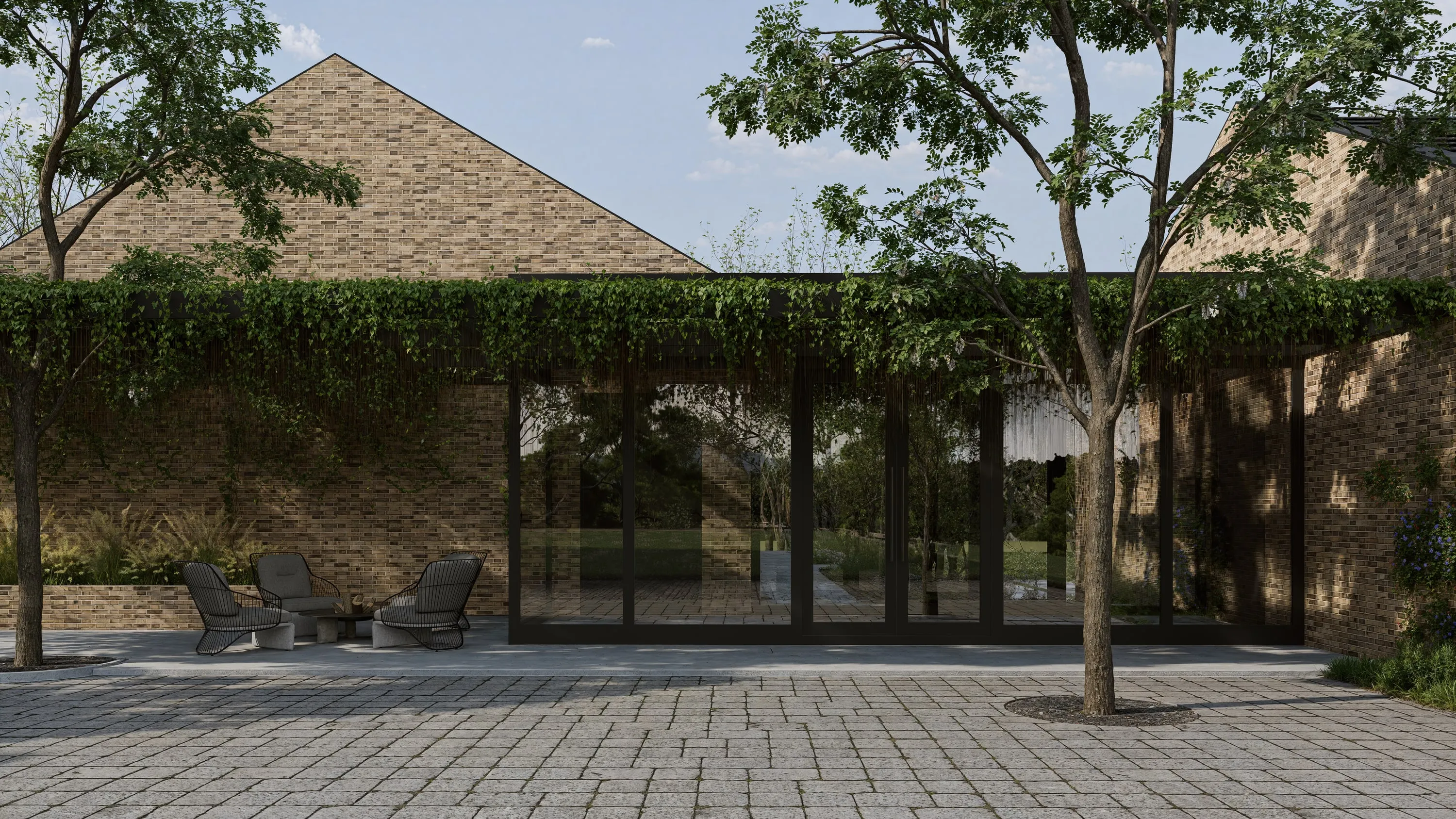 Design rendering of the covered terrace under the pergola.