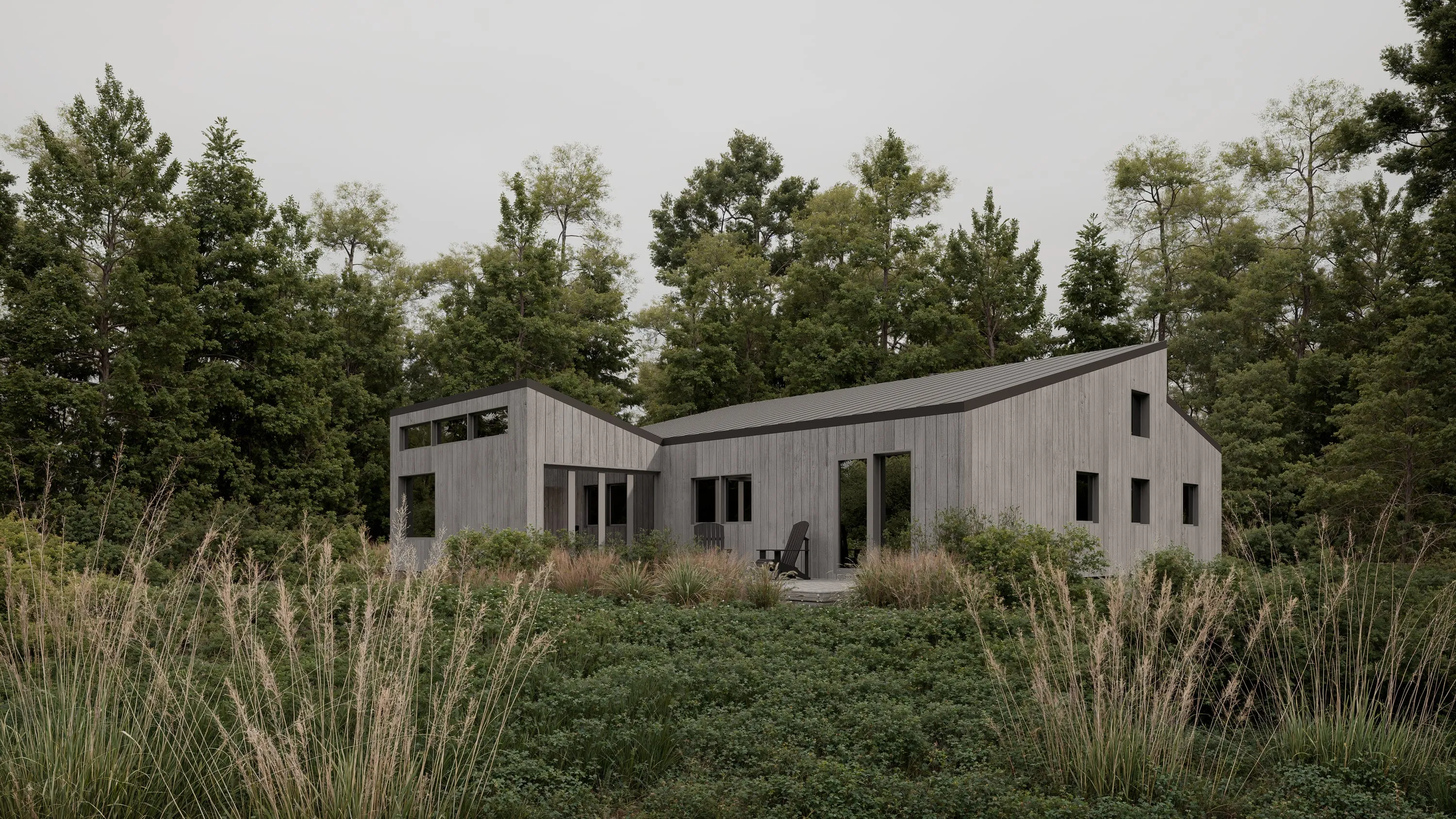 Design rendering of a low grey-timber summer house among pines and dune grass.