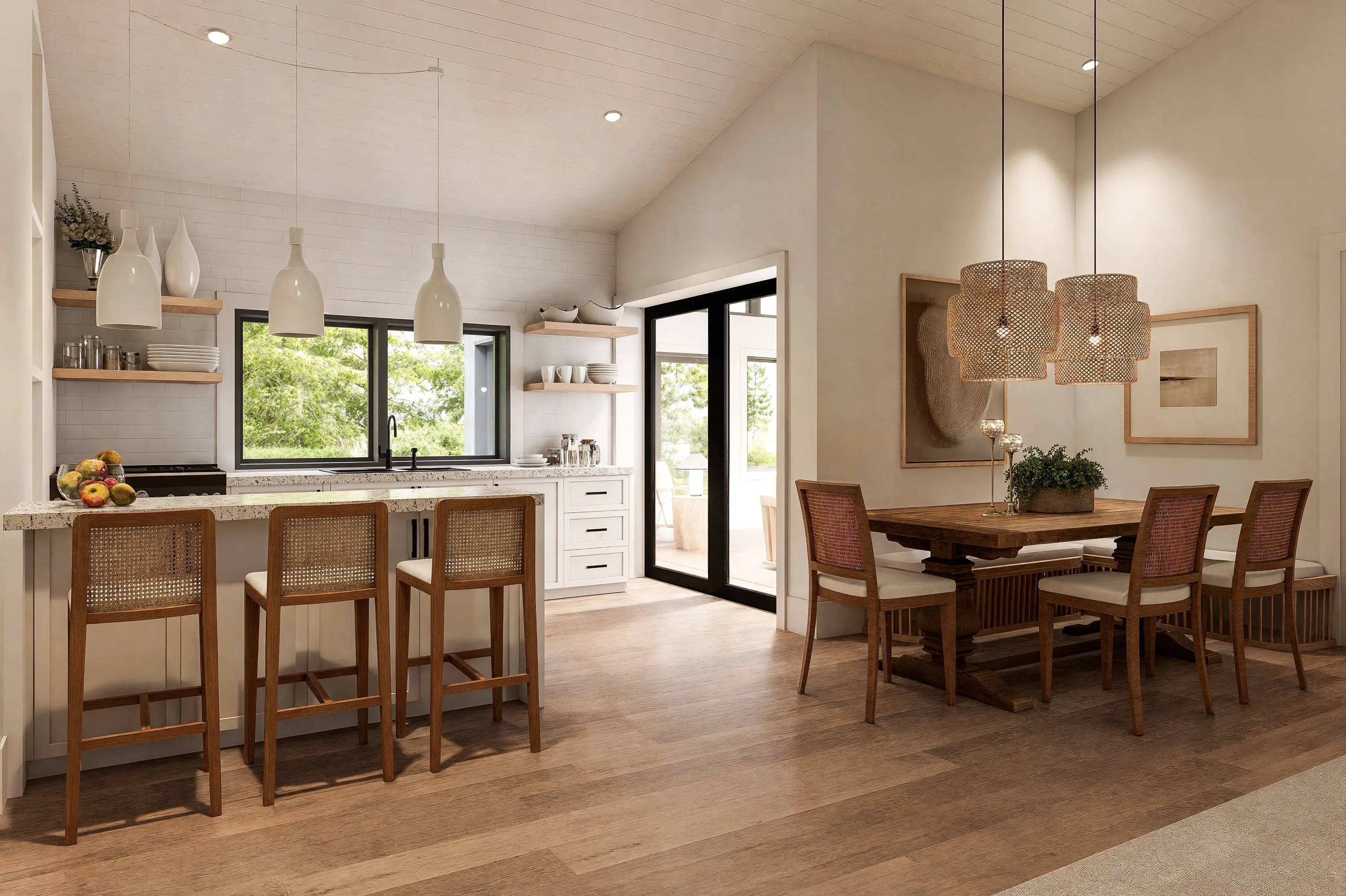 Design rendering of the kitchen and dining space.