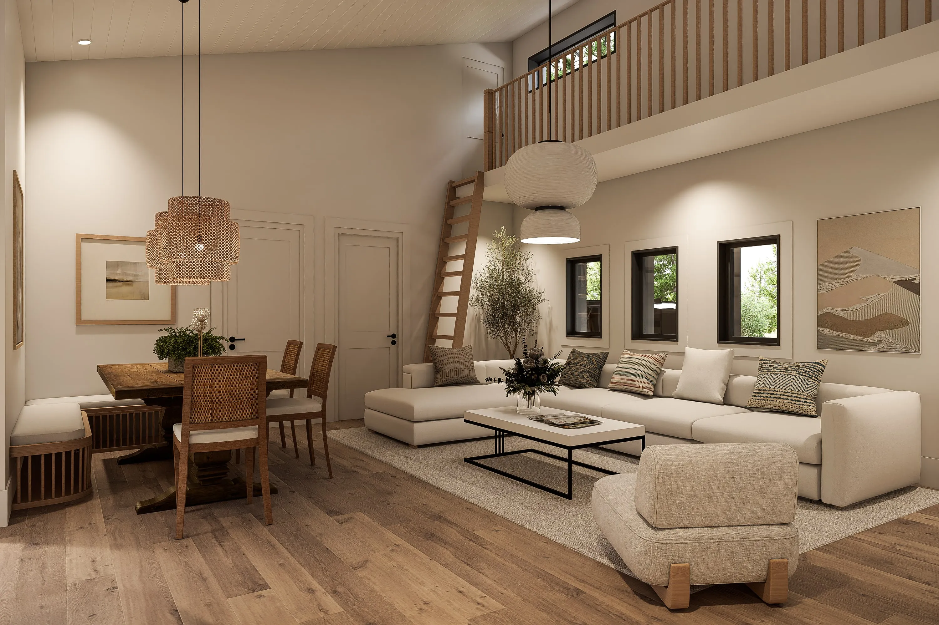 Design rendering of the living room and loft.