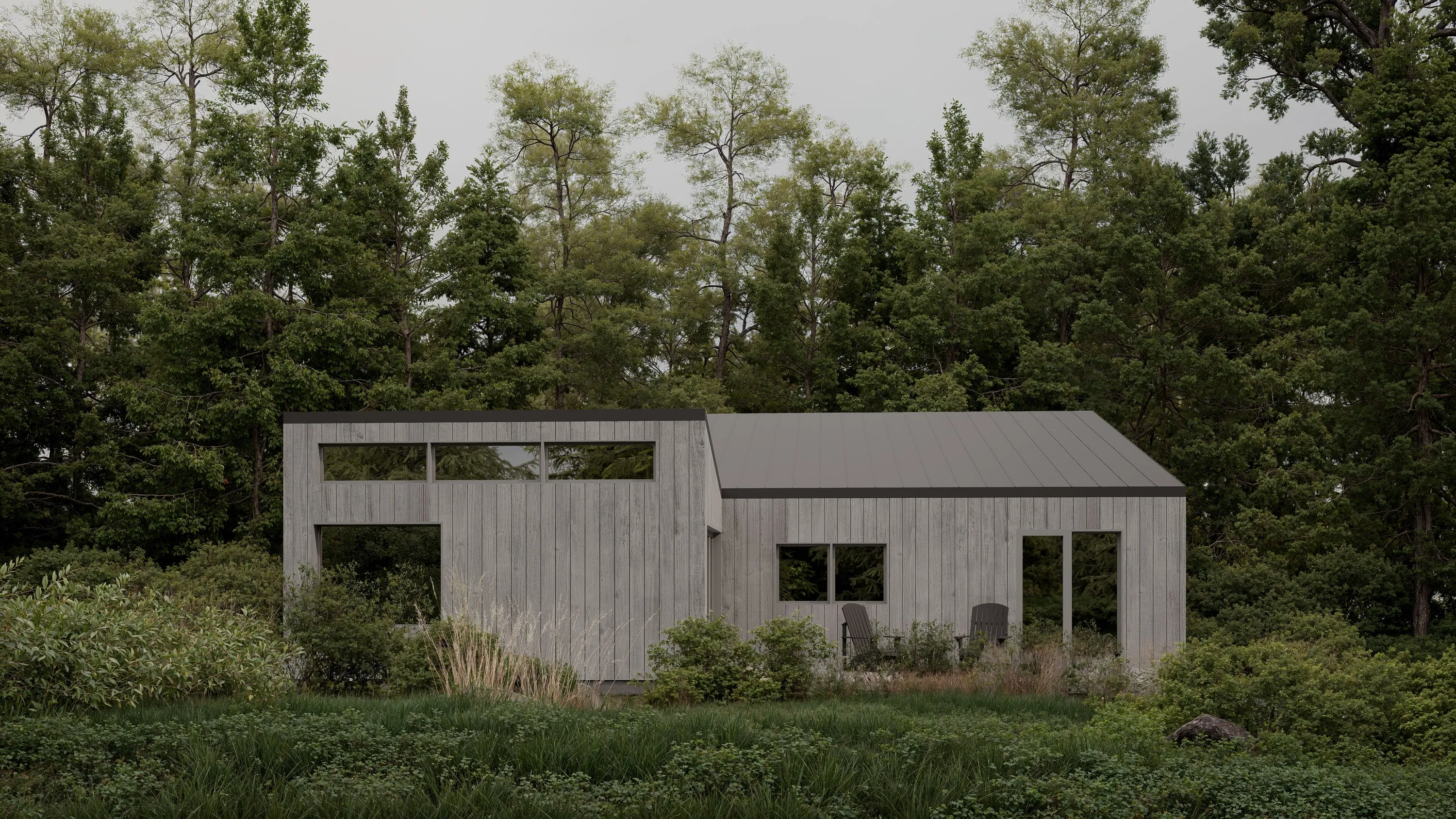 Design rendering of the house across the meadow.