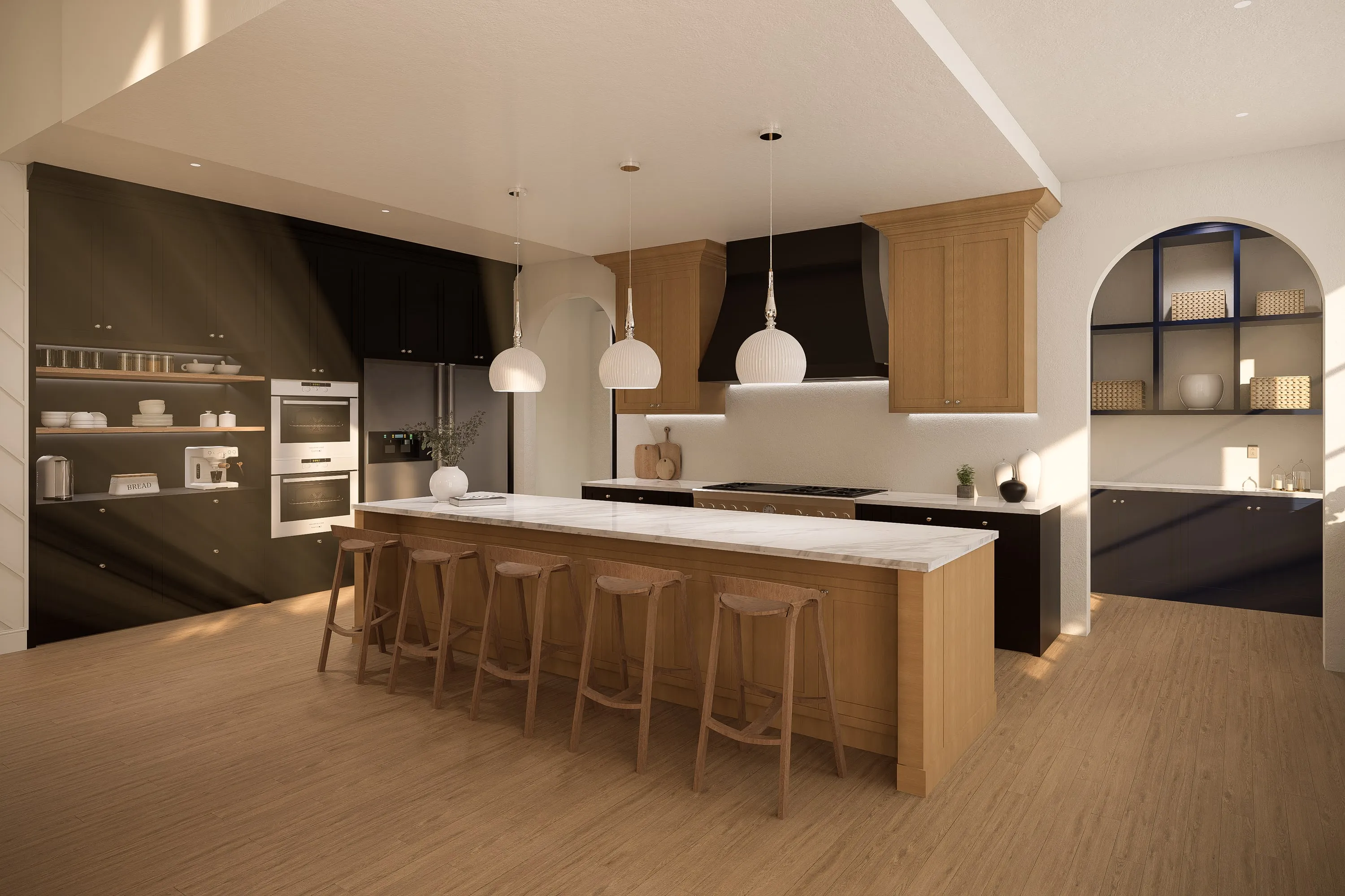 Design rendering of an oak-and-stone kitchen with an arched pantry opening.