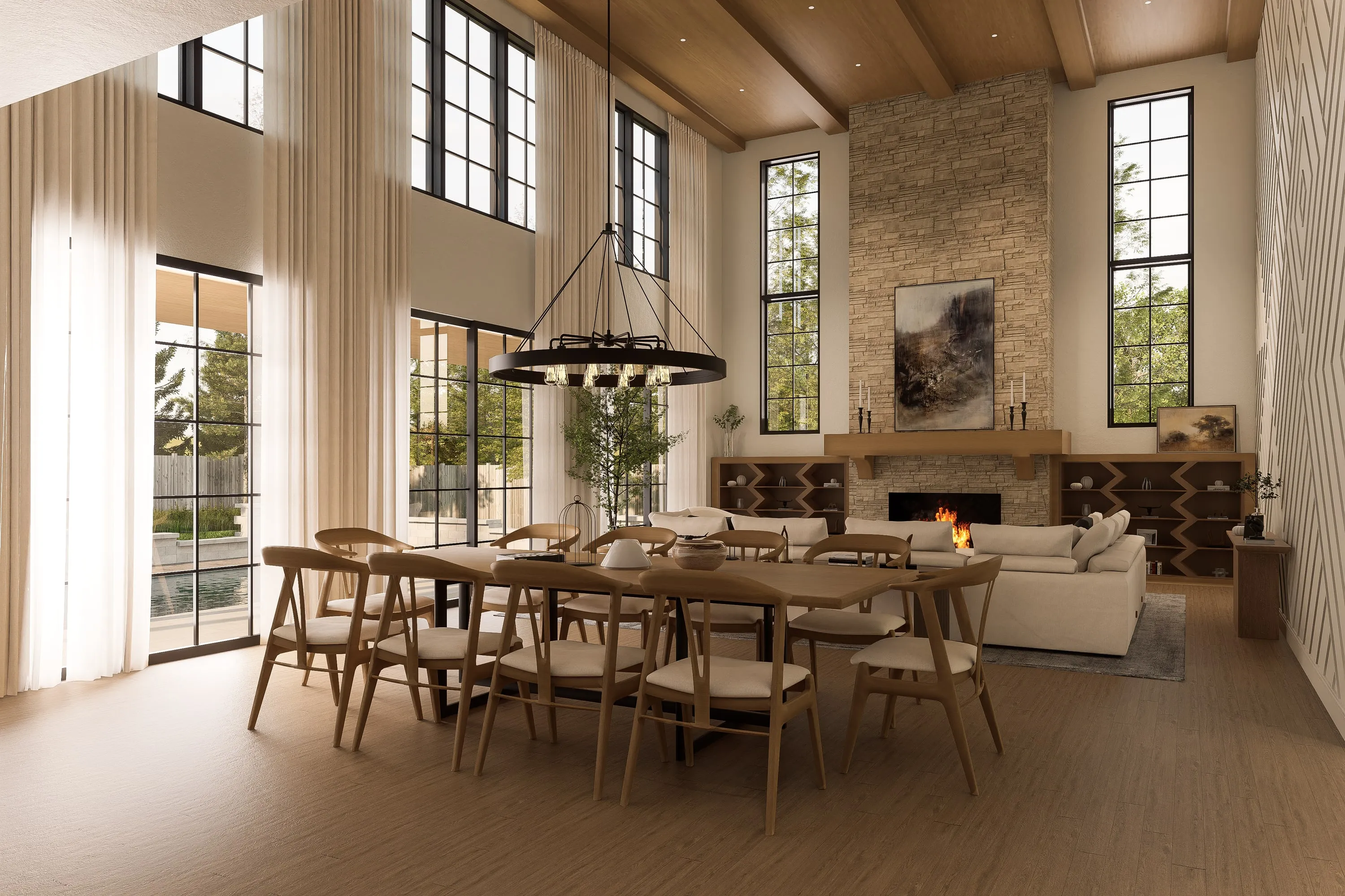 Design rendering of a double-height living room with a stone fireplace and timber ceiling.