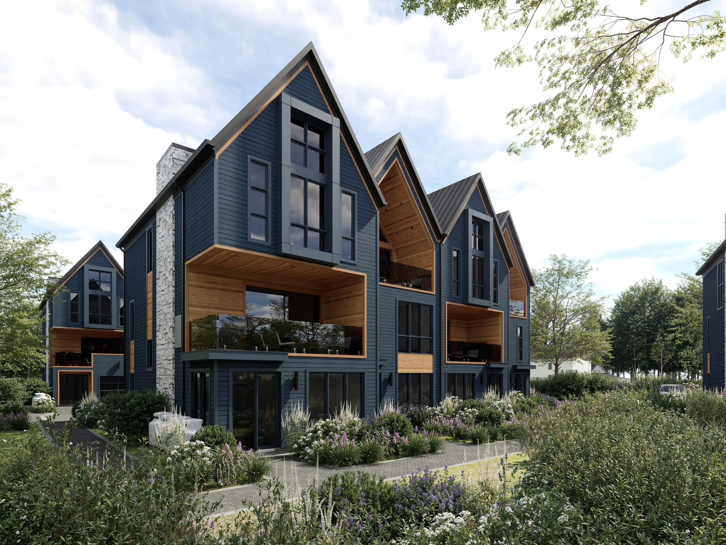Design rendering of the end unit of a gabled row.