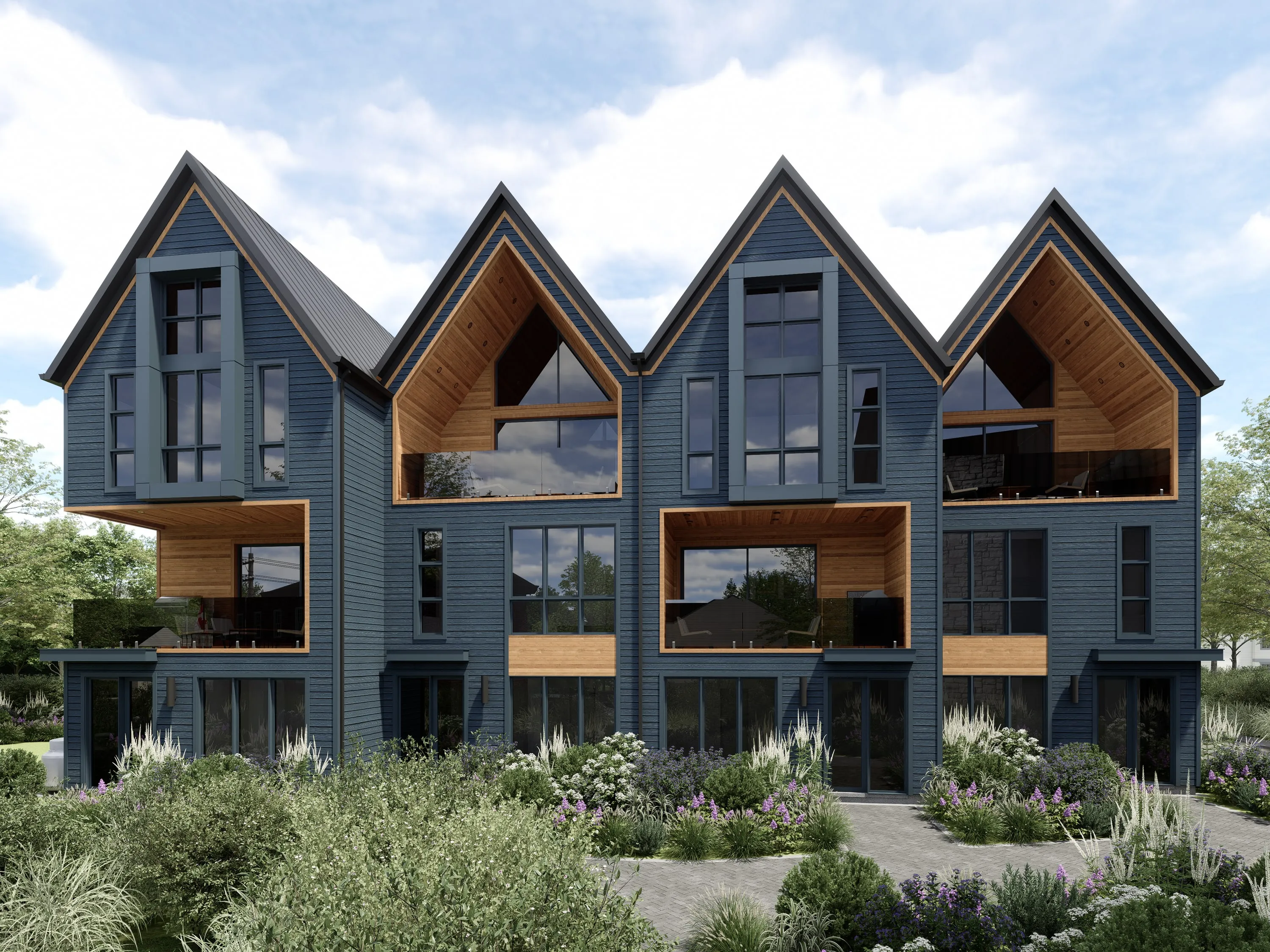Design rendering of a row of dark gabled residences from the garden side.