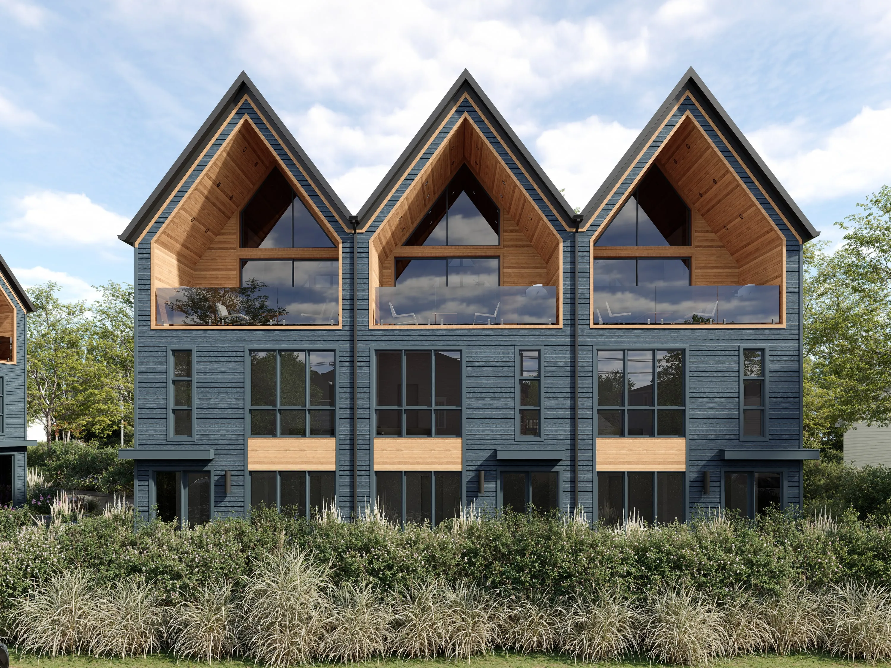 Design rendering of a row of dark gabled residences with timber balconies.